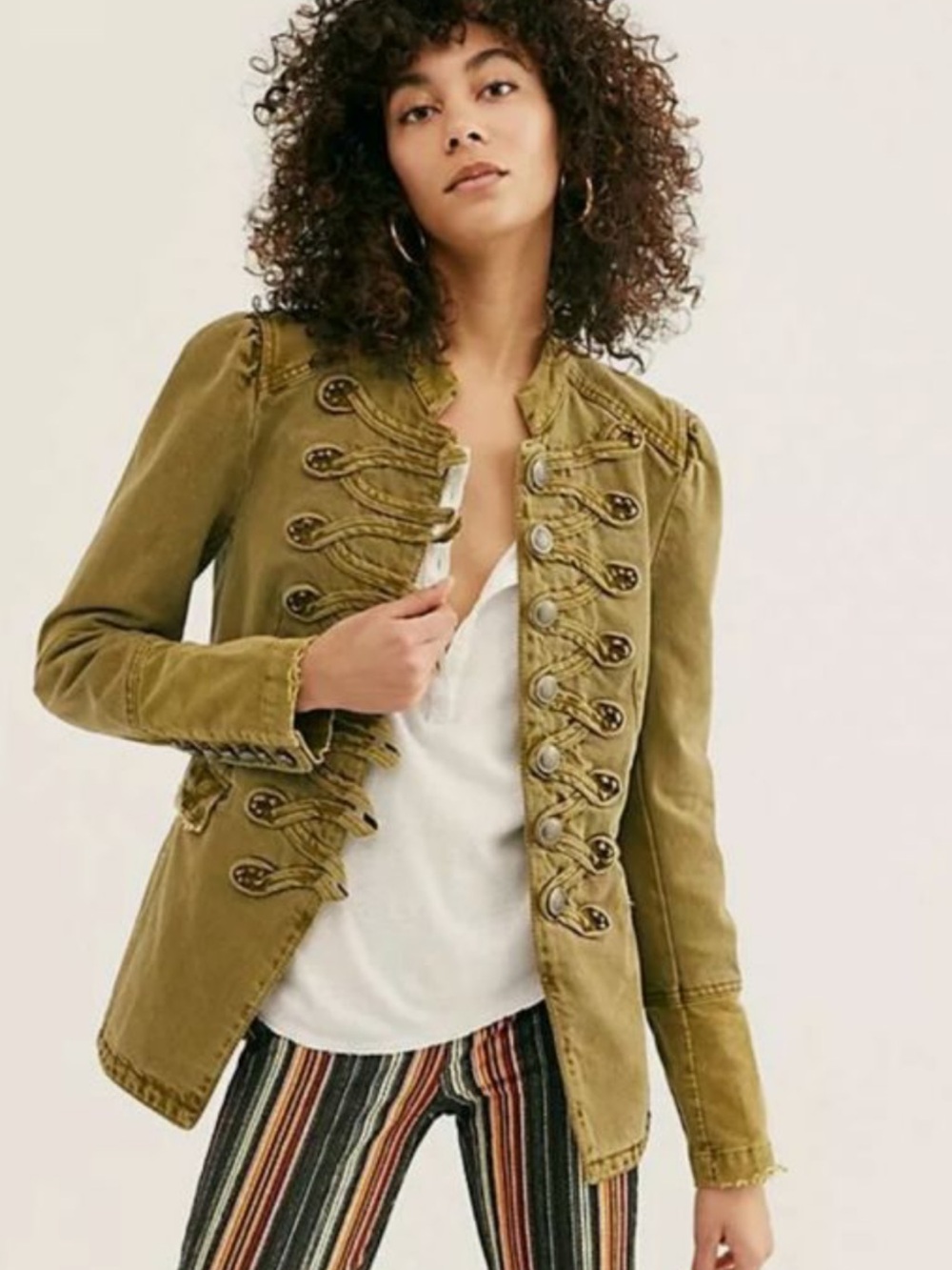 Free People Seamed / Structured Denim Military Napoleon Jacket Olive Green Sz S